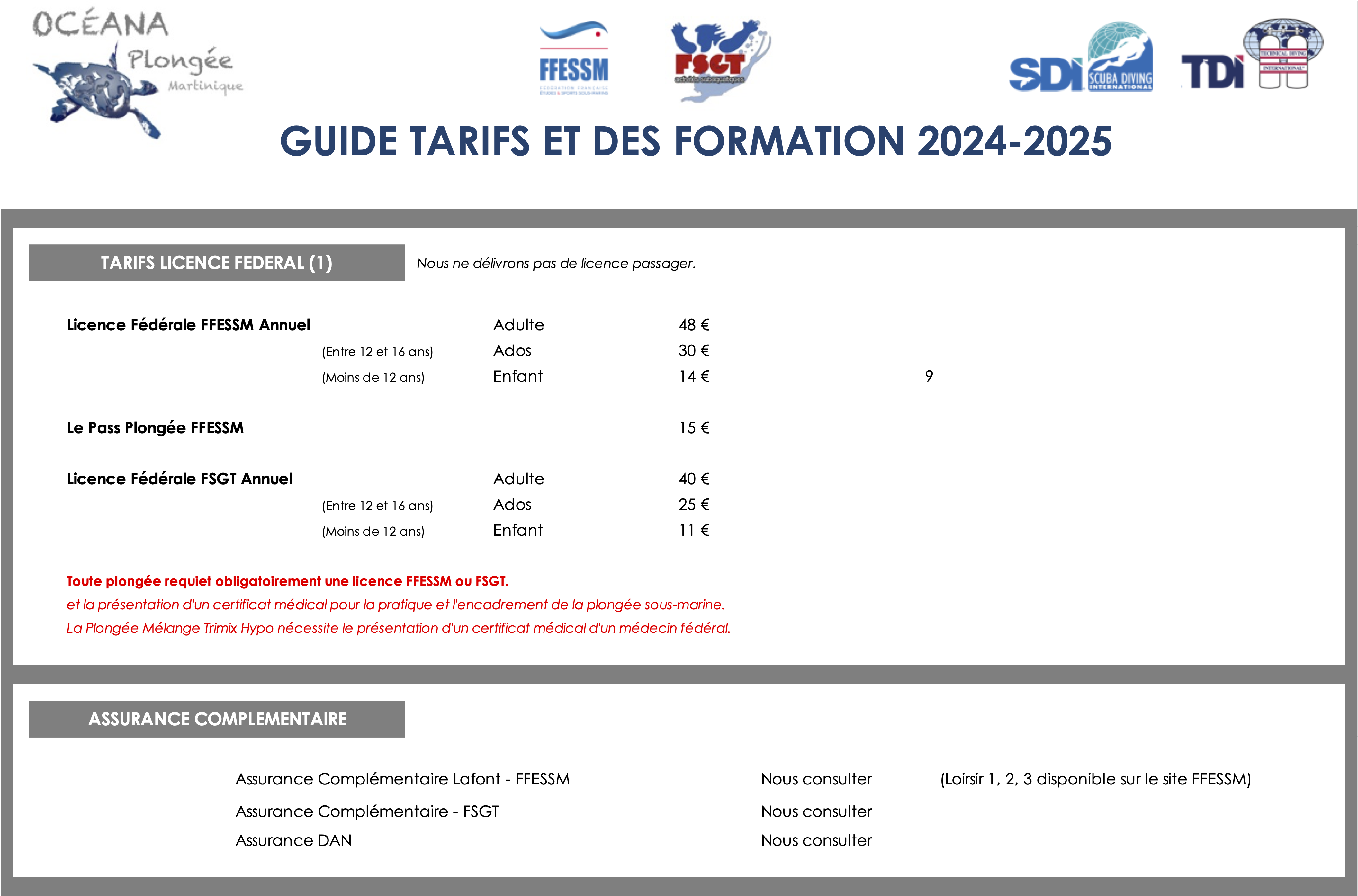 Tarif licence fédérale & Assurance